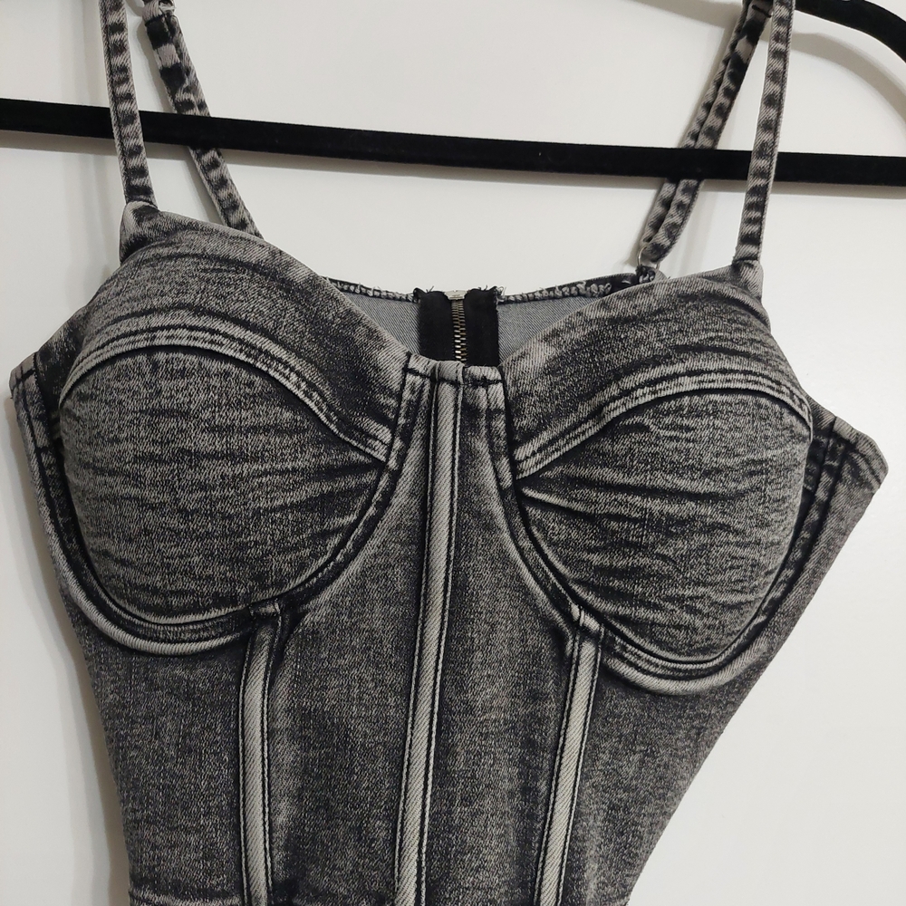 Say What? Gray/Grey Denim Bustier Corset Zip-Up Crop Top